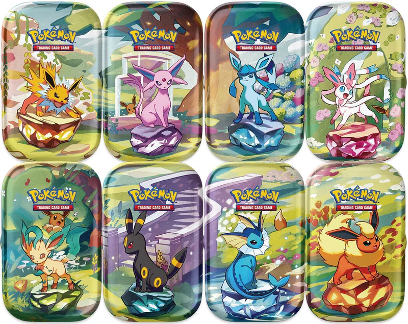Pokemon TCG: Prismatic Evolutions - Set Of 8 Empty Mini Tins (Art Cards + Coins Included)